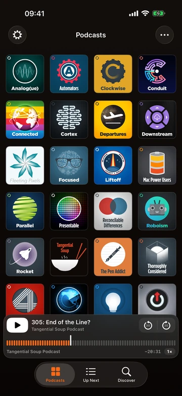 Arvocast on iPhone showing the podcast library