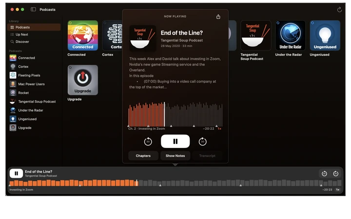Arvocast on Mac with a podcast library and the now playing panel