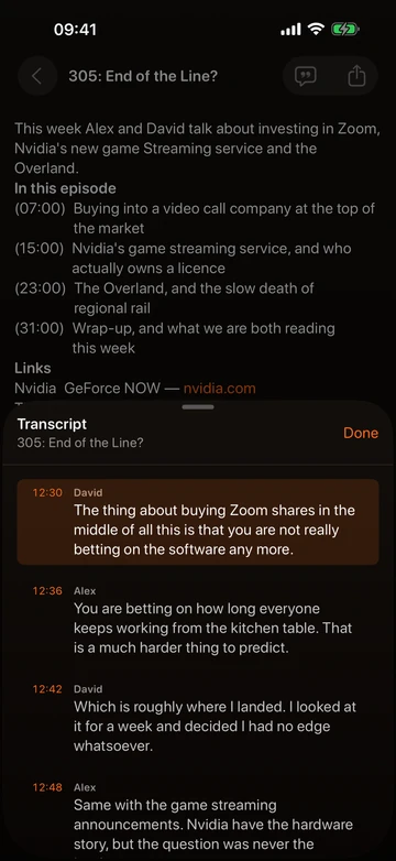 Arvocast on iPhone displaying a podcast transcript
