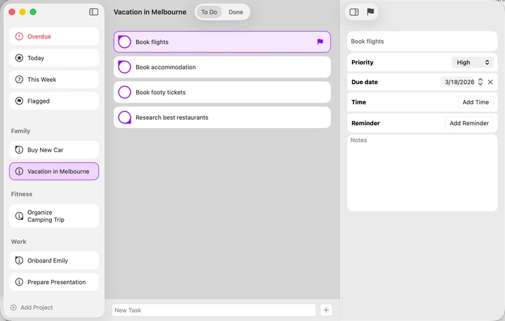 Notions on Mac with a travel task list and task details