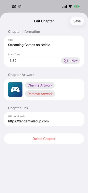 PodWise on iPhone editing chapter timing, artwork and a link