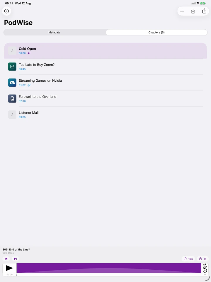 PodWise on iPad showing chapter times, artwork and links
