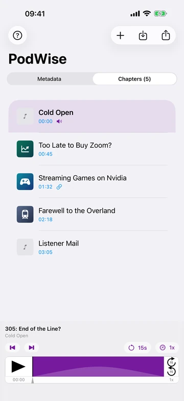PodWise on iPhone showing chapter times, artwork and links