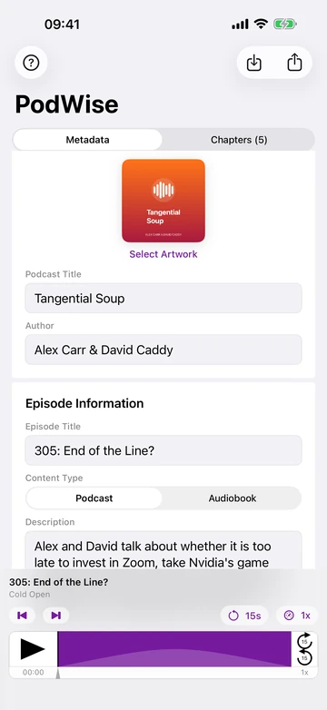PodWise on iPhone editing podcast artwork, author and episode details