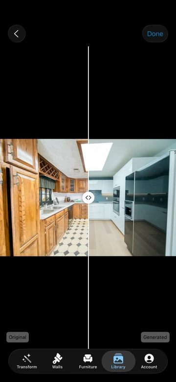 Renvy on iPhone comparing the original kitchen with an AI-generated remodel