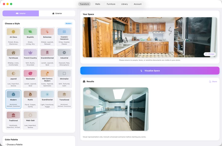 Renvy on Mac showing an original kitchen and an AI-generated modern remodel
