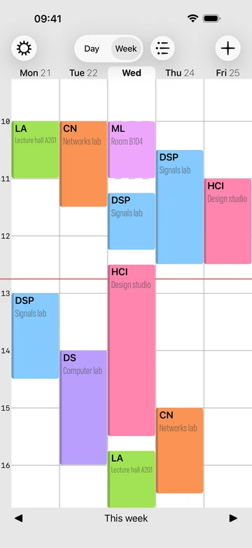 Student Timetable on iPhone showing a colour-coded university week