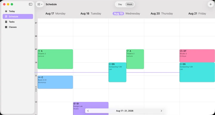 Timetable Pad on Mac showing the weekly class schedule