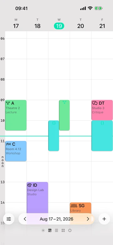 Timetable Pad on iPhone showing a colour-coded weekly class schedule