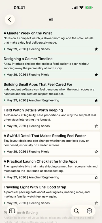 Twiza preview on iPhone showing articles in list view