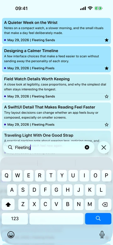 Twiza preview on iPhone searching feed articles