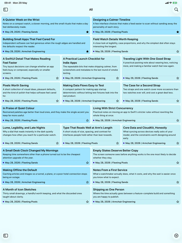 Twiza preview on iPad showing an expanded grid of feed articles
